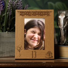 Happy 13th Birthday Engraved Photo Frame Gift Stars and Balloons Portrait