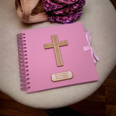 Personalised Christening Baptism Communion Confirmation Pink Guest Book or Scrapbook Album With Wood Cross