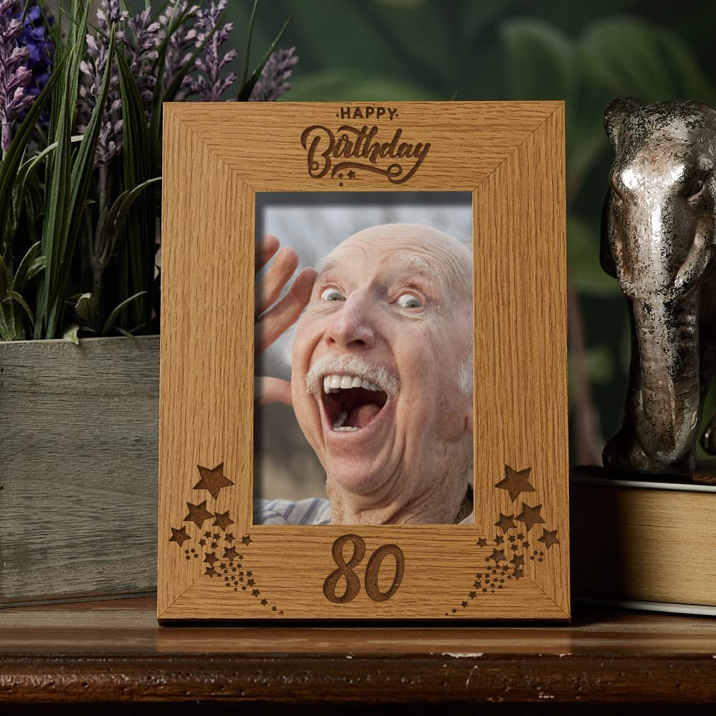 Happy 80th Birthday Portrait Engraved Wooden Photo Frame Star Design Gift Photo Frame ukgiftstoreonline