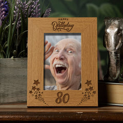 Happy 80th Birthday Portrait Engraved Wooden Photo Frame Star Design Gift Photo Frame ukgiftstoreonline
