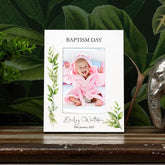 Personalised White Baptism Photo Picture Frame With Green Leaf Design