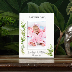 Personalised White Baptism Photo Picture Frame With Green Leaf Design