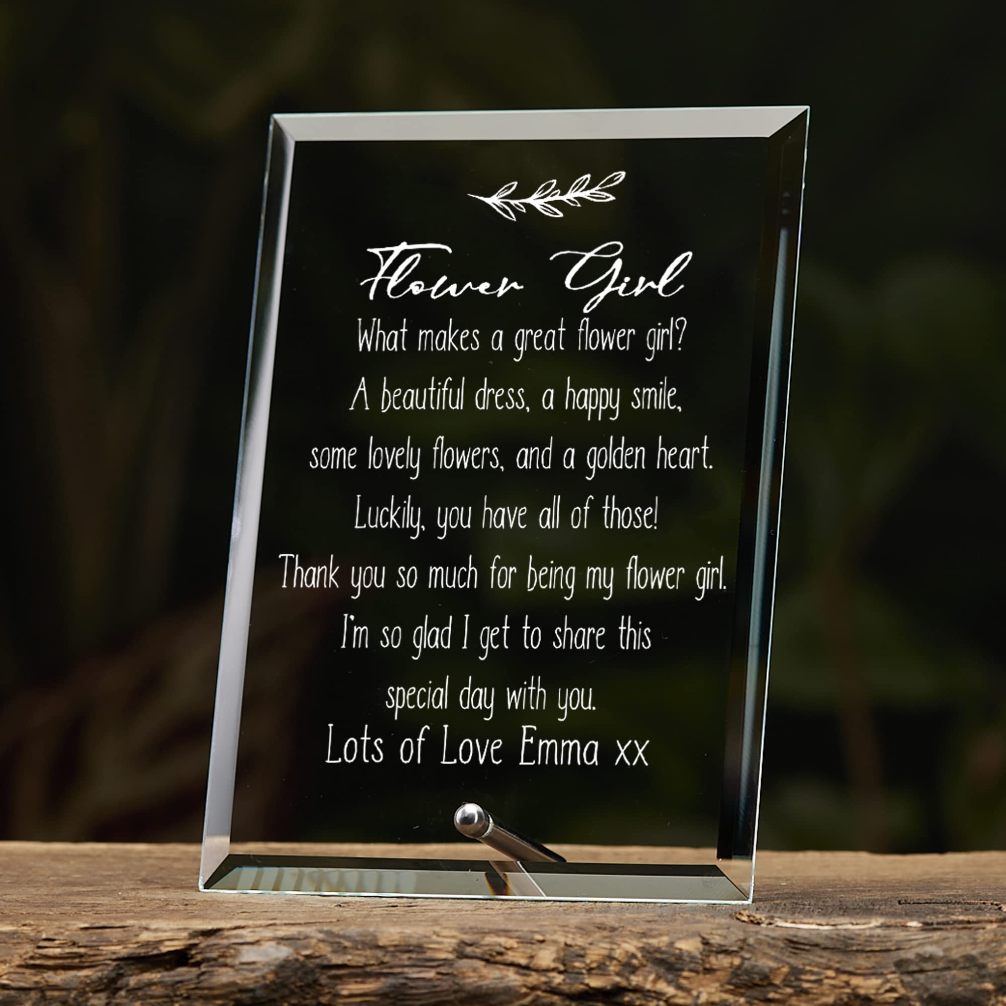 Flower Girl Sentiment Personalised Glass Plaque Gift Leaf Design Personalised Plaque Gift ukgiftstoreonline Small