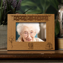 Happy 90th Birthday Engraved Photo Frame Gift Stars and Balloons Landscape