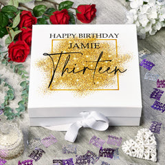Personalised 13th Birthday Gift Keepsake Memory Box Gold Sparkles Design