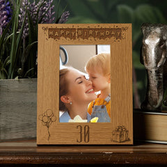 Happy 30th Birthday Engraved Photo Frame Gift Stars and Balloons Portrait