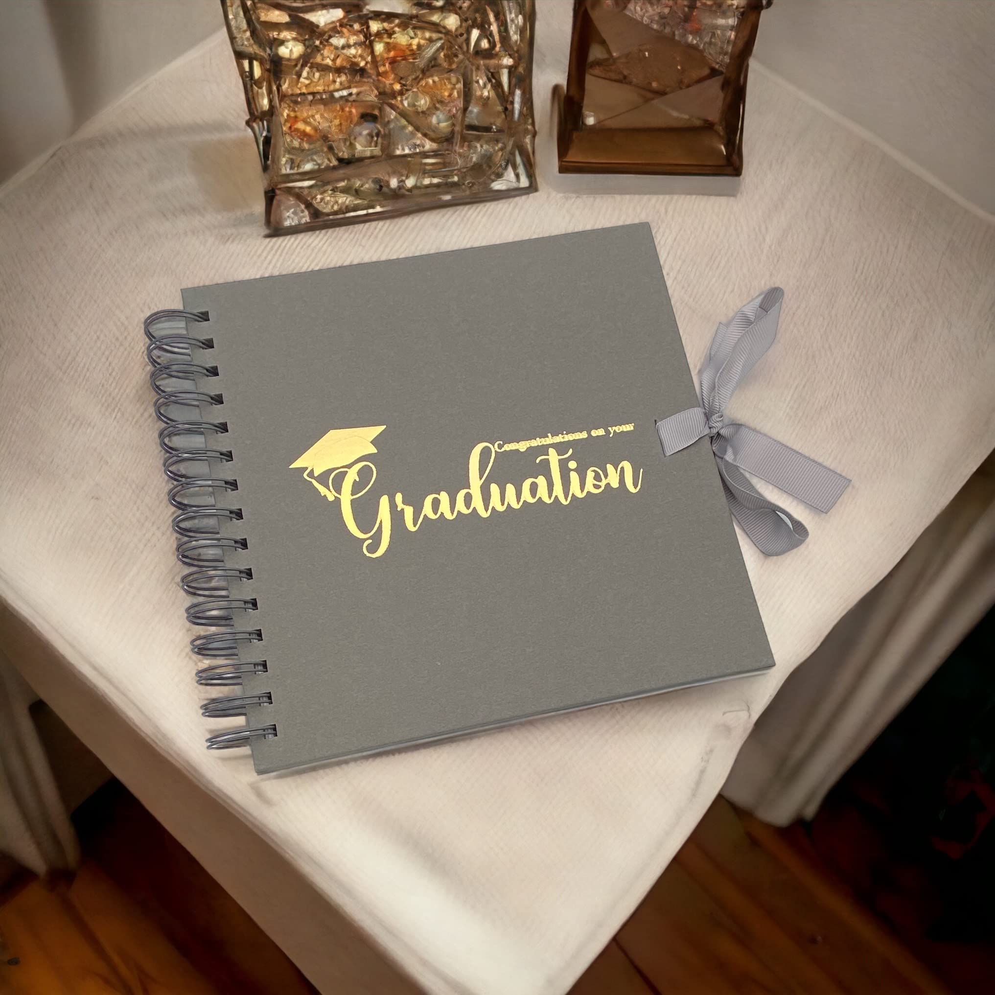 Graduation Memories Grey Guest Book or Scrapbook Album Gold Script ukgiftstoreonline