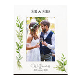 Personalised White Wedding Photo Picture Frame With Green Leaf Design