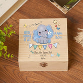Personalised Wooden Baby Boy Keepsake Memory Box With Cute Elephant