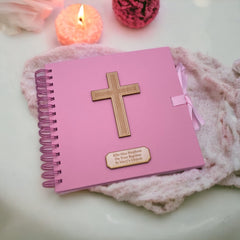 Personalised Christening Baptism Communion Confirmation Pink Guest Book or Scrapbook Album With Wood Cross
