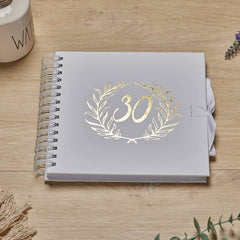 30th Birthday White Scrapbook Photo album With Gold Script Laurel Wreath