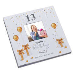 Personalised 13th Birthday Photo Album Linen Cover With Gold Balloons