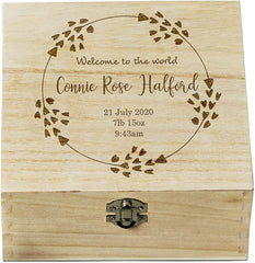 Personalised Welcome To The World Baby Keepsake Box With Wreath