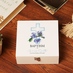 ukgiftstoreonline Personalised Baptism Day Wooden Keepsake Memory Box With Blue Cross