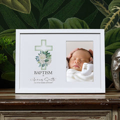 Personalised Baptism White Photo Frame With Green Cross 6"x4"