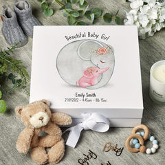 Personalised Beautiful Baby Girl Memory Keepsake Box With Elephant Sketch