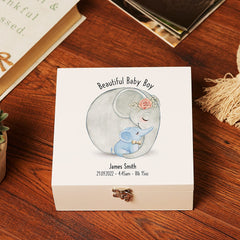 Personalised Beautiful Baby Boy Keepsake Wooden Memory Box Elephants
