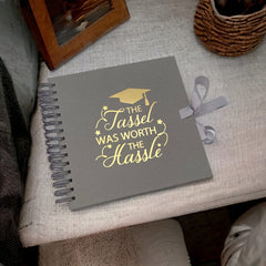 Graduation Memories With Tassel Grey Guest Book or Scrapbook Album Gold Print