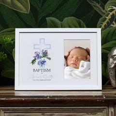 Personalised Baptism White Photo Frame With Blue Cross 6"x4"