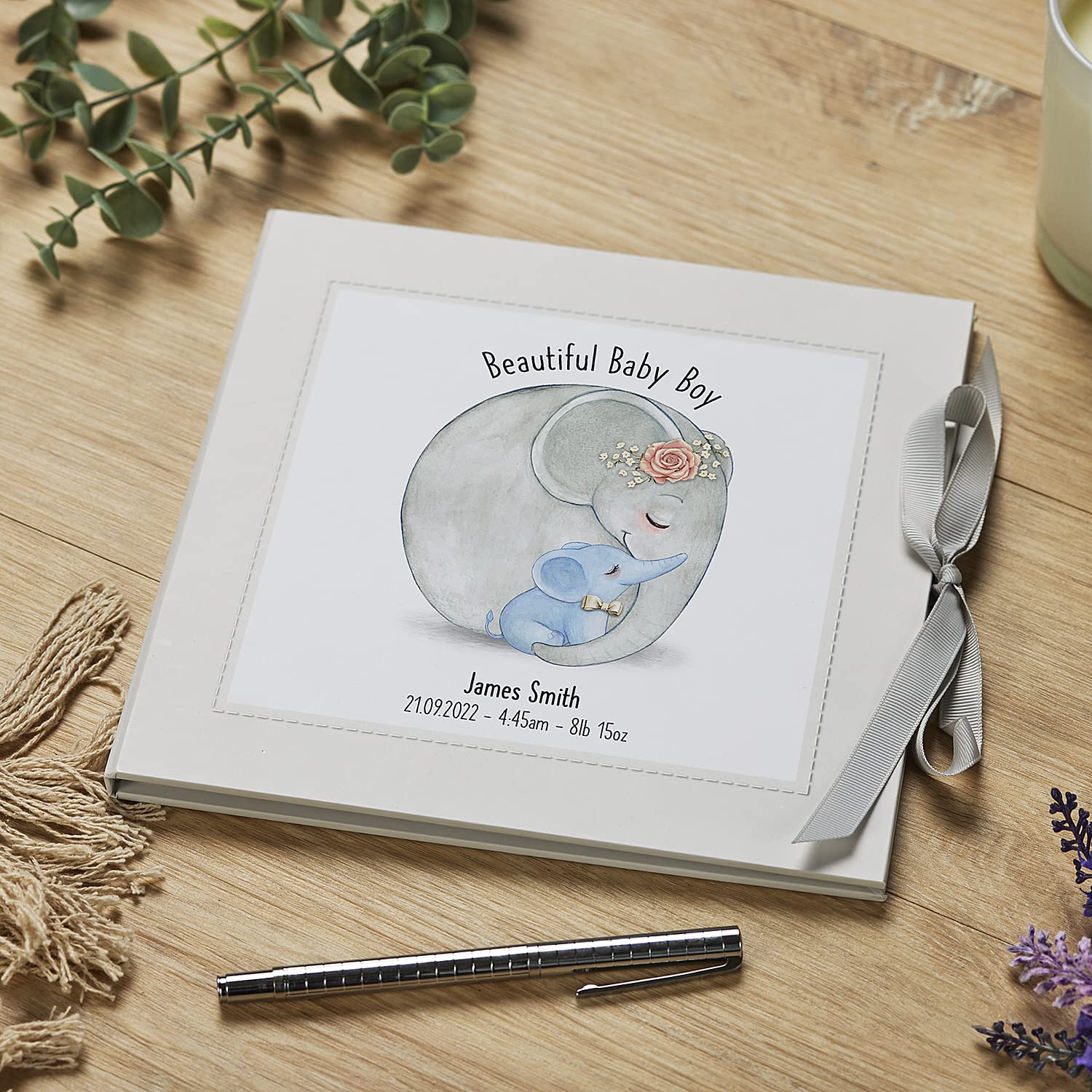 ukgiftstoreonline Personalised Beautiful Baby Boy Memory Record Memory Book With elephants Record Book ukgiftstoreonline