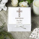 ukgiftstoreonline Personalised Baptism White Keepsake Box With Floral Cross Design
