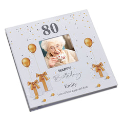 Personalised 80th Birthday Photo Album Linen Cover With Gold Balloons