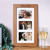 Personalised Mr and Mrs Wedding Wooden Triple Photo 6 x 4 Frame Engraved