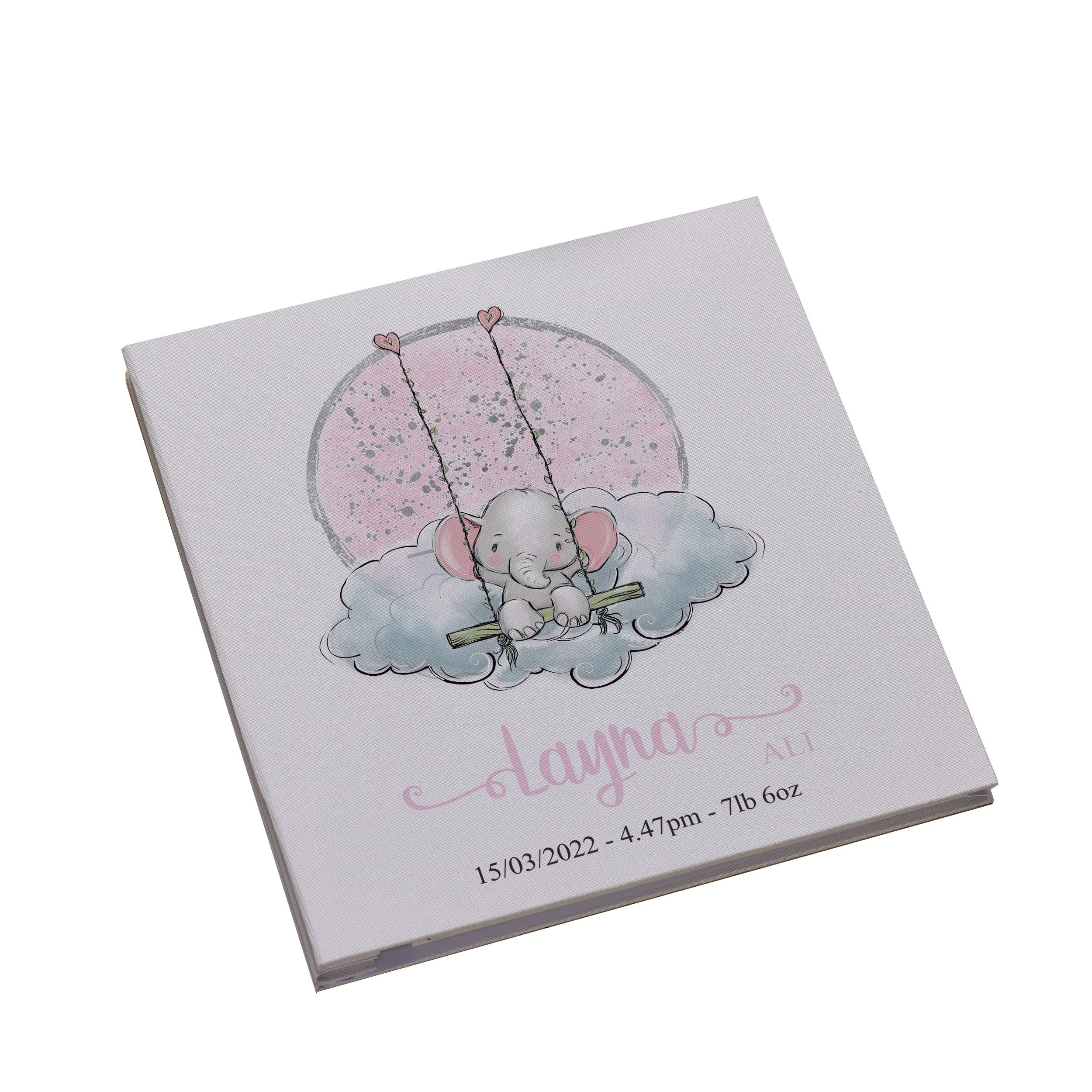 Personalised Large Linen Baby Girl Photo Album With Elephant On Swing Photo Album ukgiftstoreonline
