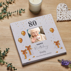 Personalised 80th Birthday Photo Album Linen Cover With Gold Balloons