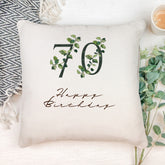 Personalised 70th Birthday Green Leaf Design Cushion Gift