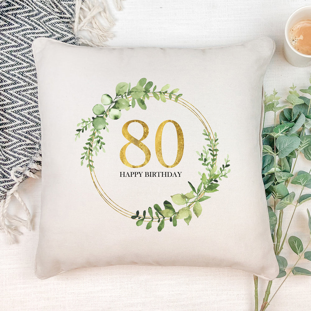 Personalised 80th Birthday Gift for her Cushion Gold Wreath Design