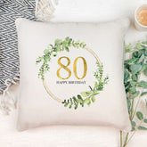 Personalised 80th Birthday Gift for her Cushion Gold Wreath Design