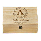 Personalised New Baby wooden Keepsake Box Wreath and Alphabet Design