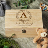 Personalised New Baby wooden Keepsake Box Wreath and Alphabet Design - ukgiftstoreonline