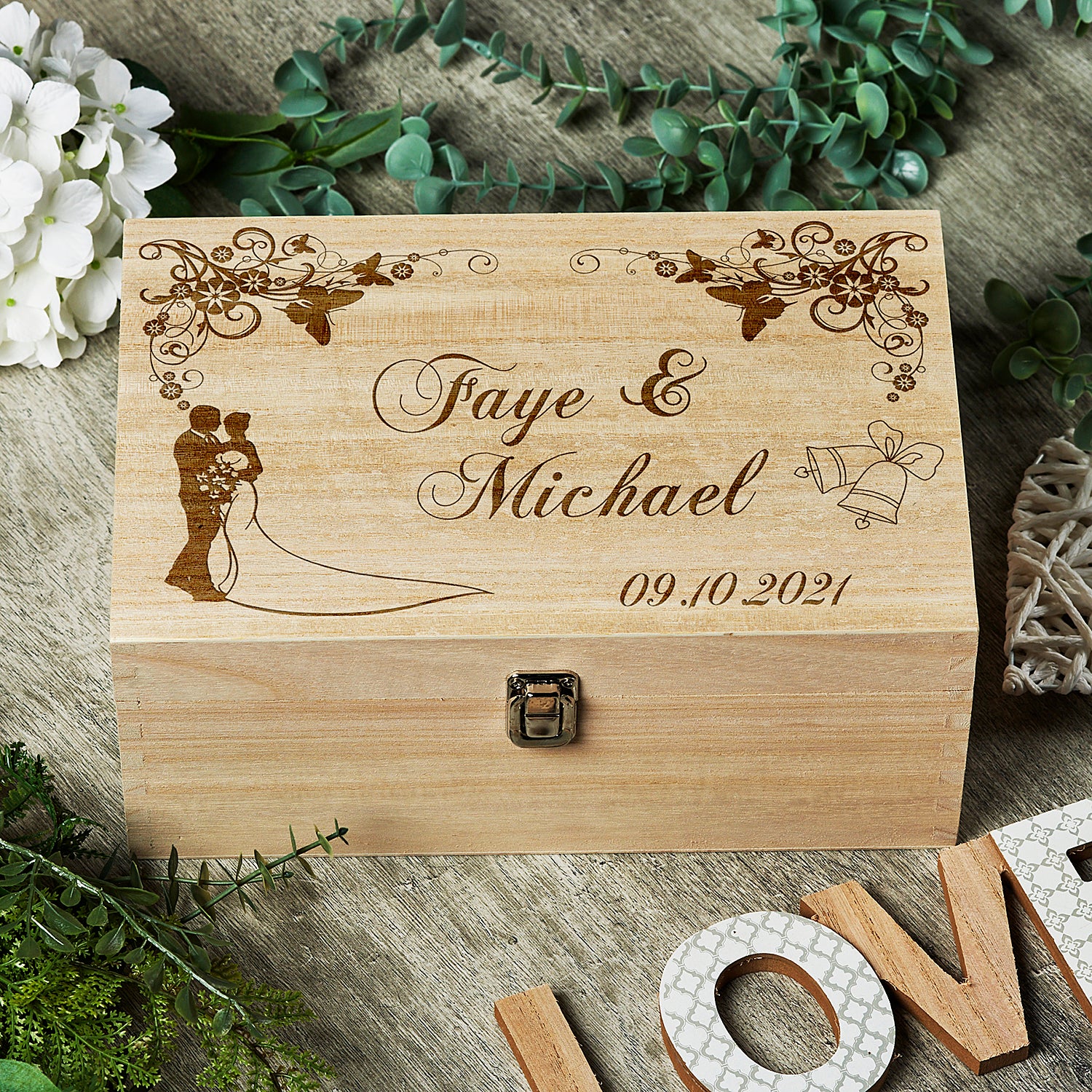 Personalised Large Wedding Floral Design Wooden Memories Keepsake Box - ukgiftstoreonline