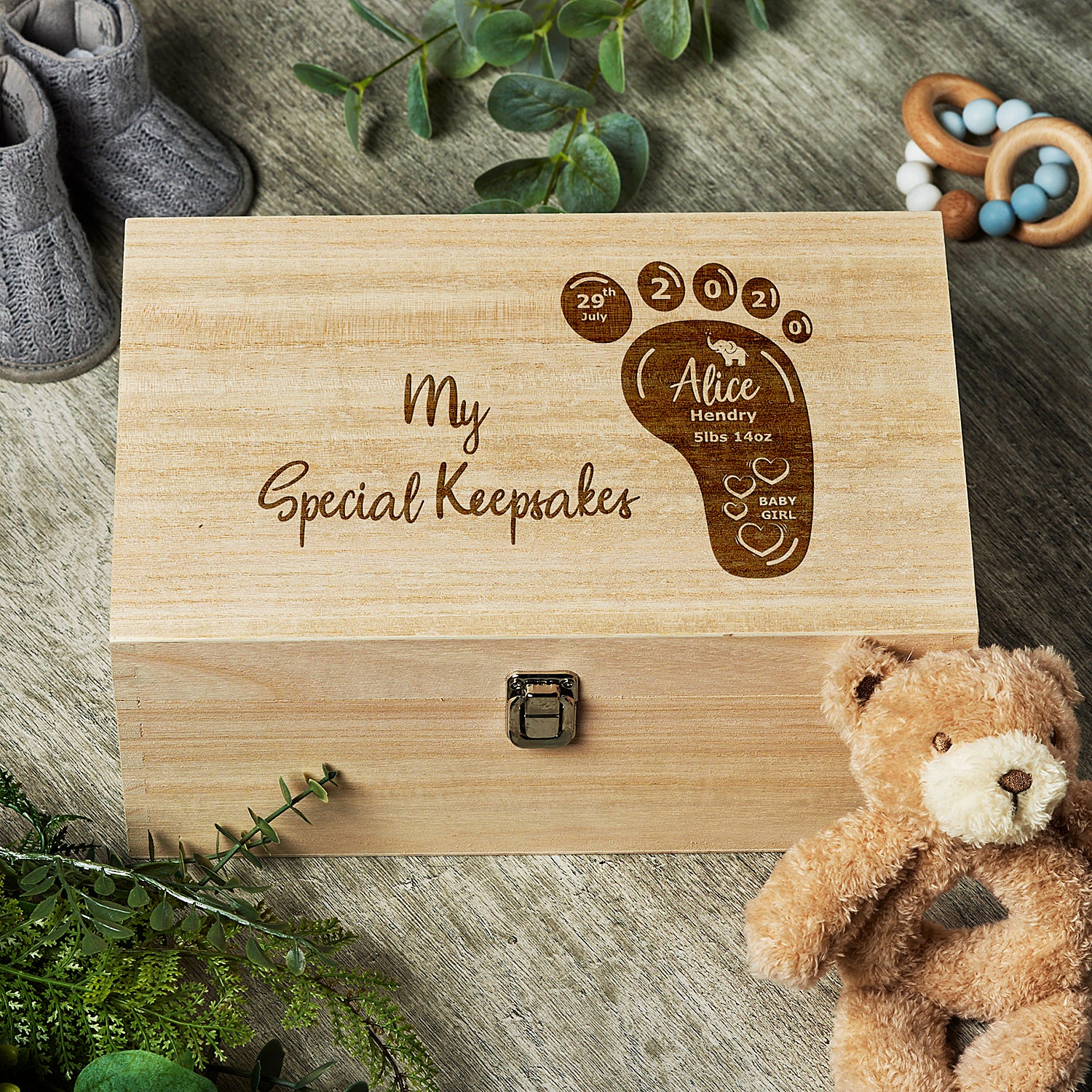 Personalised Baby Gift Wooden Keepsake Box Engraved With Foot Design - ukgiftstoreonline