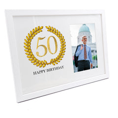 Personalised 50th Birthday Gift for Him Photo Frame Gold Wreath Design