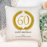 Personalised 60th Birthday Gift for Him Cushion Gold Wreath Design