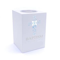 Personalised Baptism Blue Ornate Cross Design Tea Light Holder