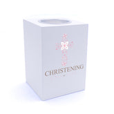 Personalised Christening Pink Ornate Cross Design Tea Light Holder