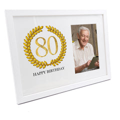 Personalised 80th Birthday Gift for Him Photo Frame Gold Wreath Design
