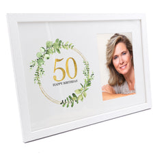 Personalised 50th Birthday Gift for her Photo Frame Gold Wreath Design
