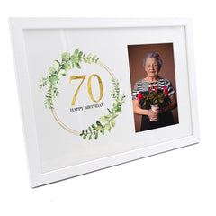 Personalised 70th Birthday Gift for her Photo Frame Gold Wreath Design