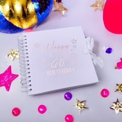 60th Birthday Present White Scrapbook, Guest Book, Photo Album Rose Gold Script