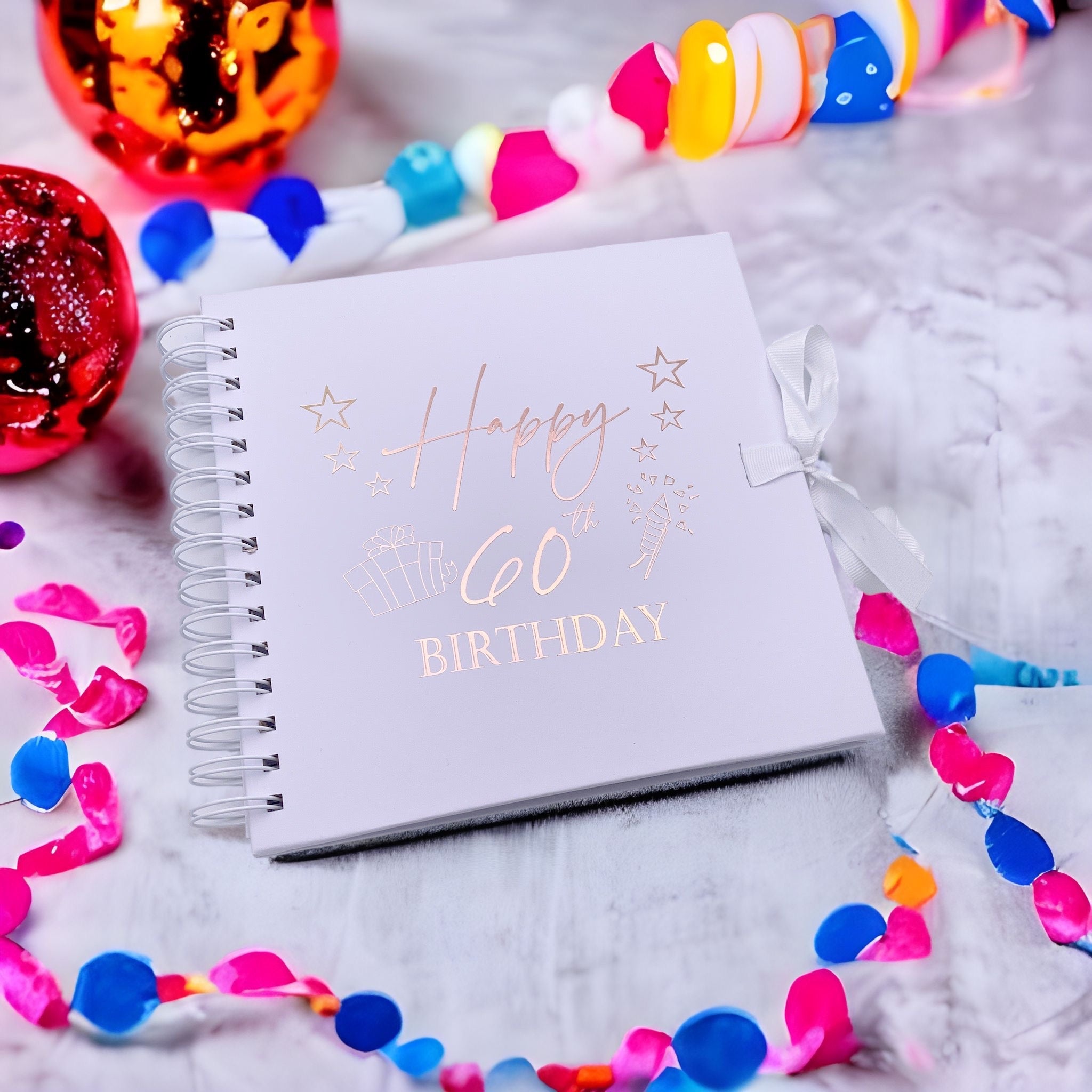 60th Birthday Present White Scrapbook, Guest Book, Photo Album Rose Gold Script Birthday Photo Album ukgiftstoreonline