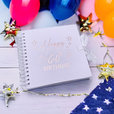 60th Birthday Present White Scrapbook, Guest Book, Photo Album Rose Gold Script