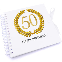 Personalised 50th Birthday Gift for Him Scrapbook Photo Album Gold Wreath Design