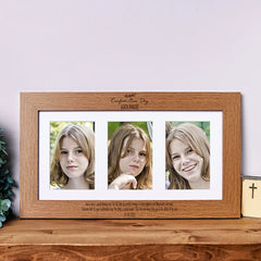 Personalised Confirmation Day Wooden Triple Photo 6 x 4 Frame Engraved Brown Oak Finish