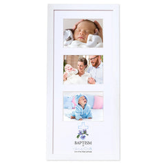 Personalised Baptism Day Triple Photo Frame With Blue Cross