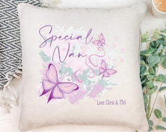 Personalised Special Nan Pink and Purple Butterfly Cushion Gift